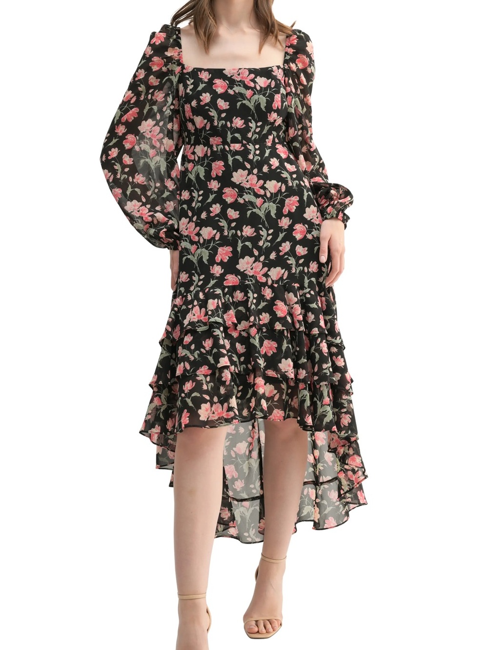 Lush Black Floral Hi-Low Square-Neck Dress